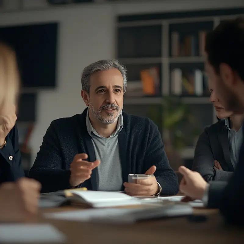 Advogado orientando família de pessoa presa em reunião no escritório